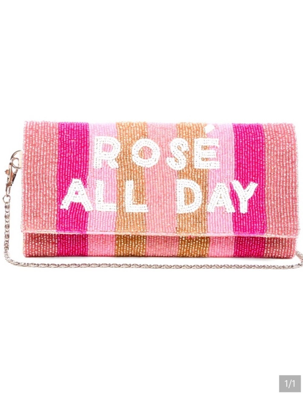 America & Beyond Beaded 'Rosé All Day' Clutch‎ Chain Purse Wine Pink Stripe NWT